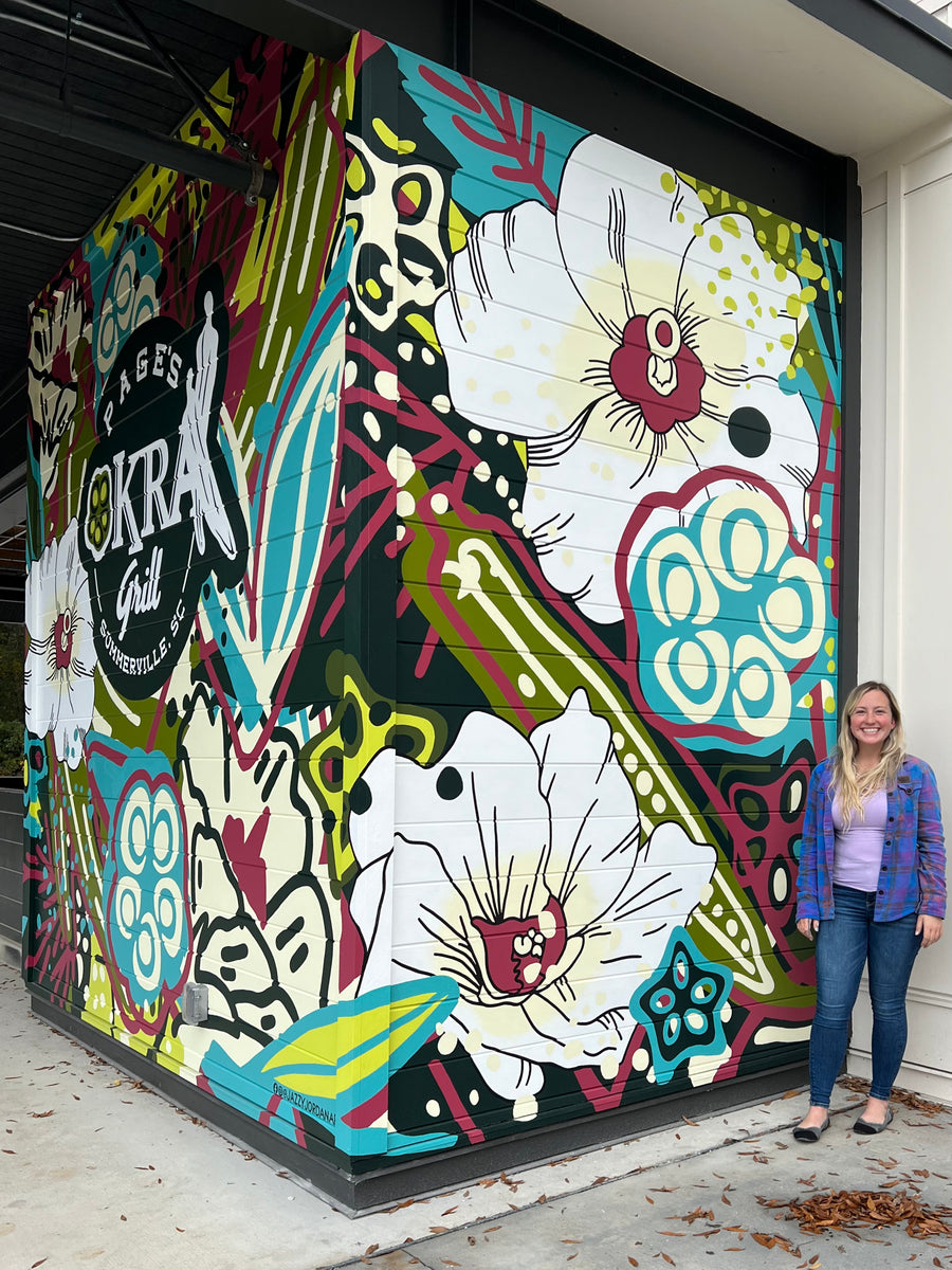 Colorful custom mural by Jazzy Jordan for Page's Okra Grill in Summerville SC