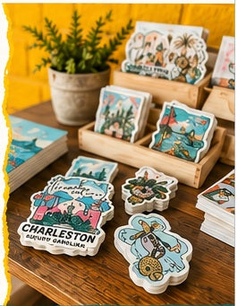 A colorful wholesale display of Jazzy Jordan stickers and small goods